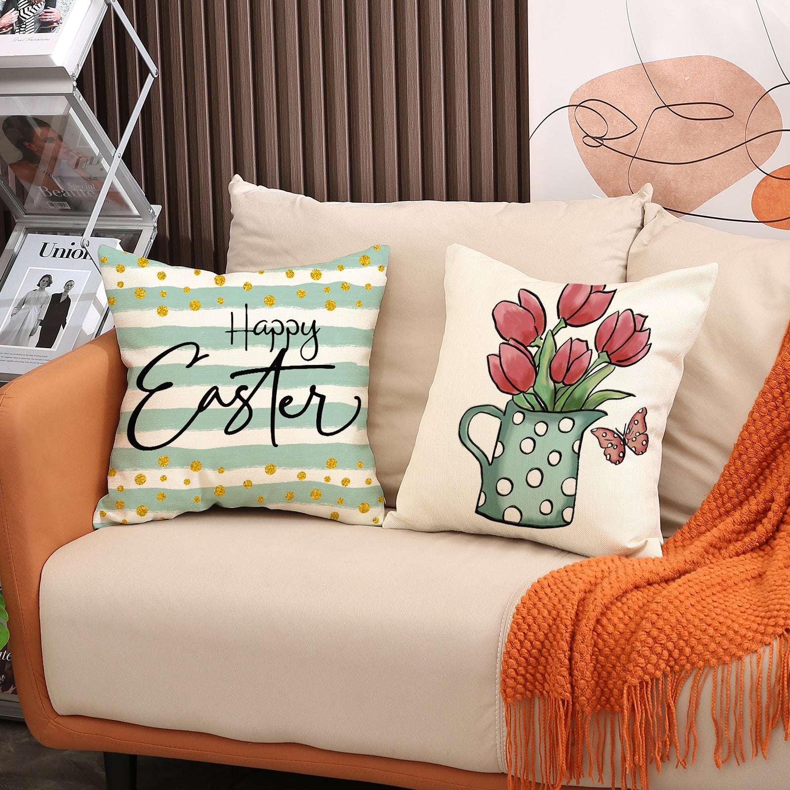 Kissenbezug mit Ostermotiv und Cartoon-Motiv aus Leinen