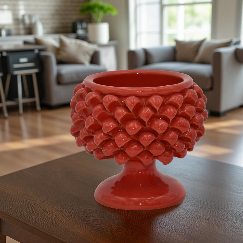Vaso mezza pigna rosso fuoco in ceramica di Caltagirone