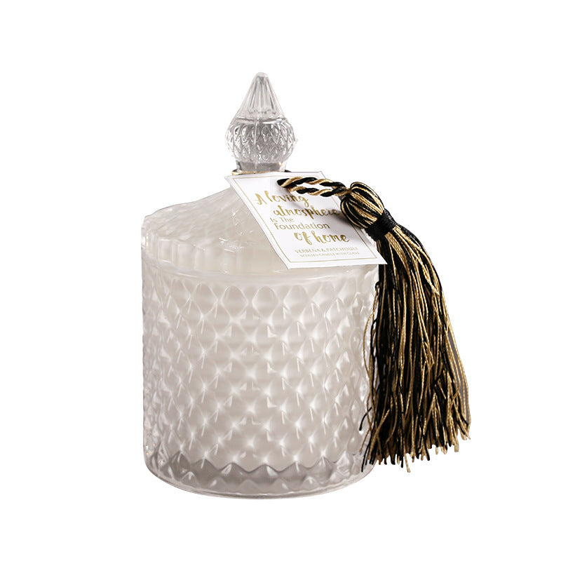 Candela creativa in cera di soia per aromaterapia con coperchio a bottone.