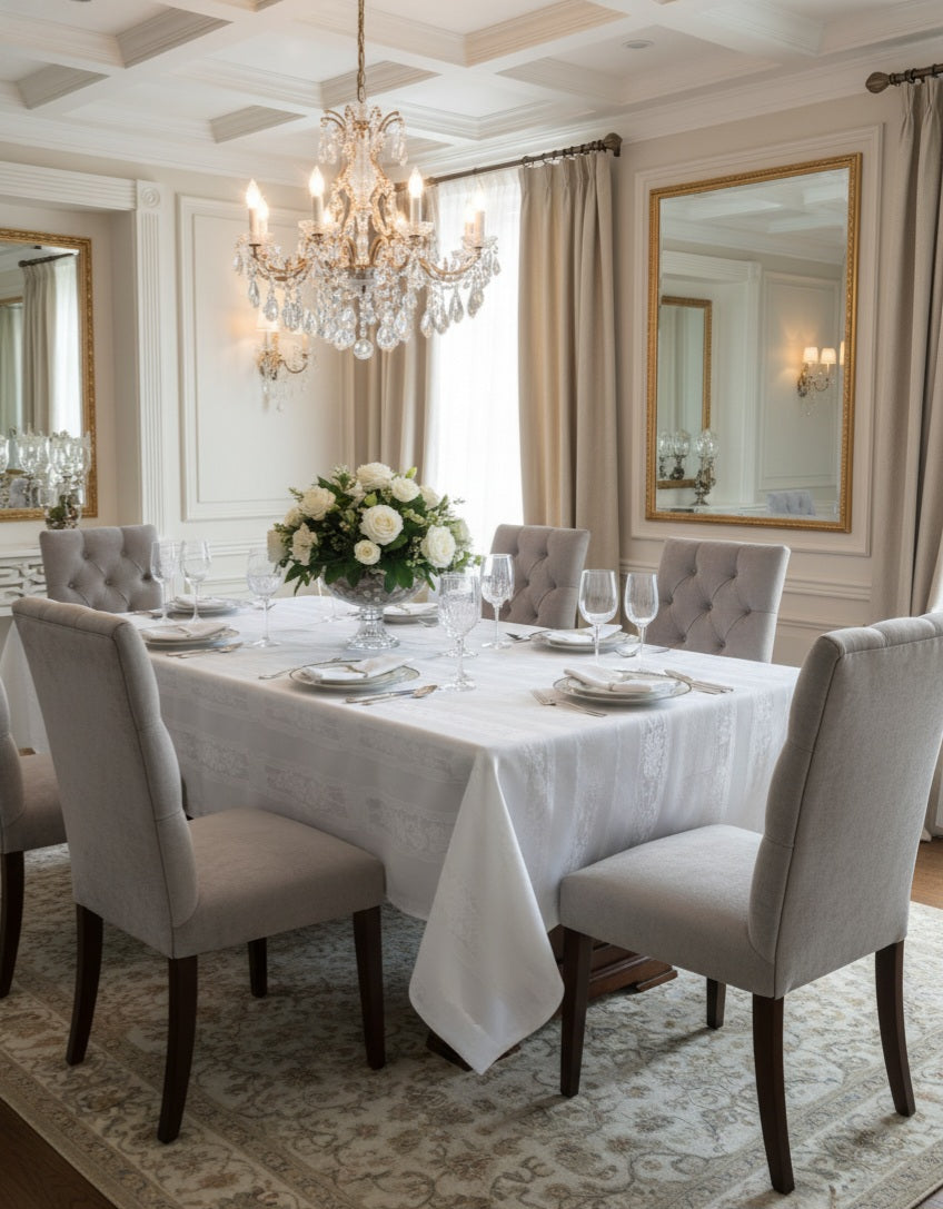 Tovaglia di Lusso RUBINO Jacquard Misto Lino - Design Tela Aida - Su Misura (Bianco/Avorio)