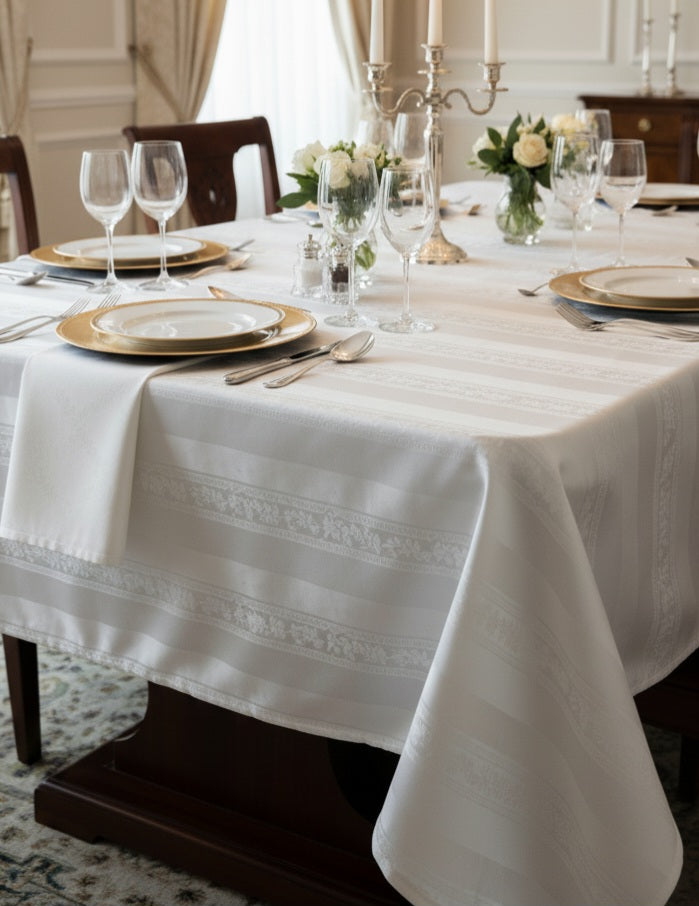 Tovaglia di Lusso RUBINO Jacquard Misto Lino - Design Tela Aida - Su Misura (Bianco/Avorio)