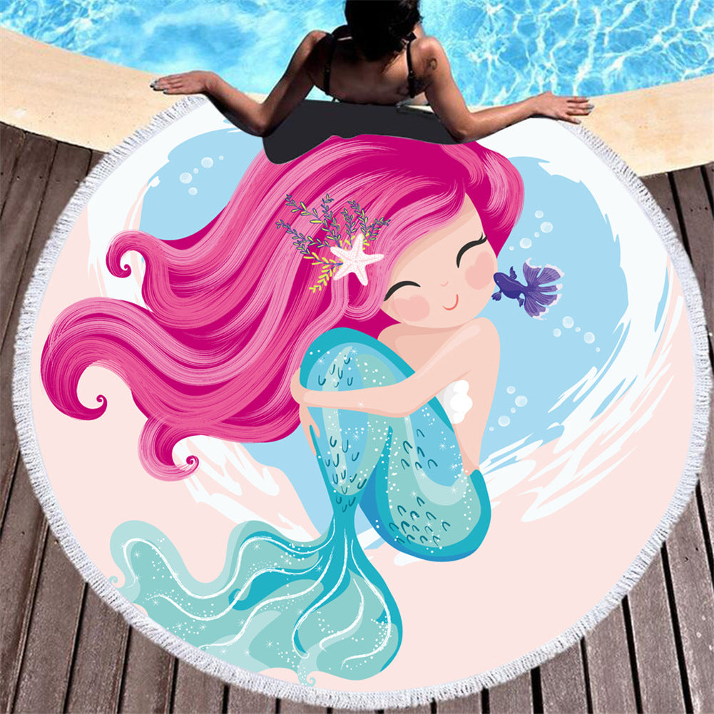 Asciugamano da spiaggia in microfibra con motivo a sirena rosa cartoon rotondo