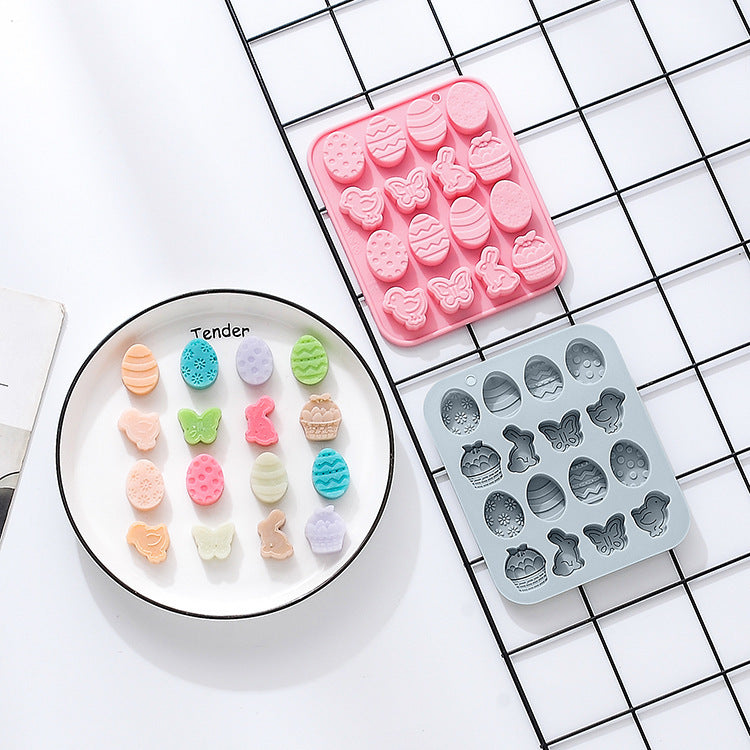 Molde de silicona de 16 piezas con forma de huevo de conejo, mariposa y otros temas del día de Pascua