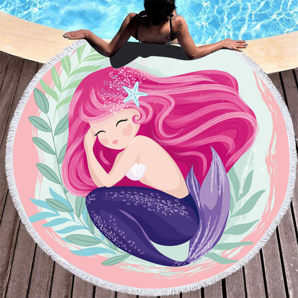 Asciugamano da spiaggia in microfibra con motivo a sirena rosa cartoon rotondo