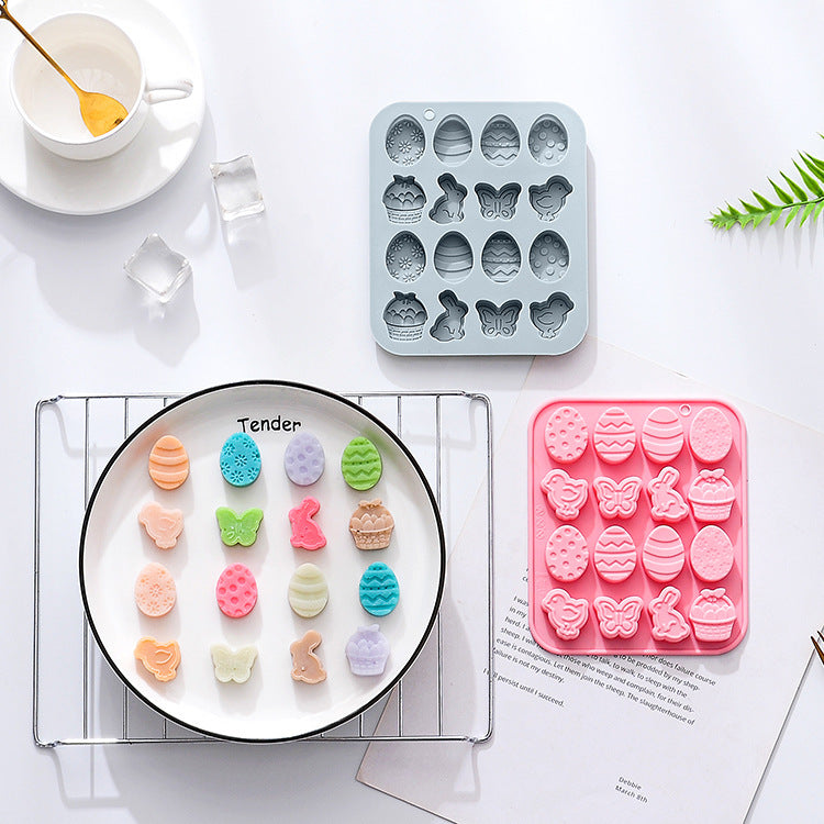 Stampo in silicone da 16 pezzi a forma di coniglio, uovo, farfalla e altro a tema pasquale