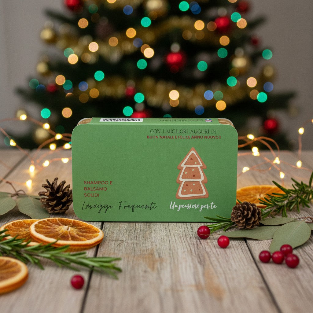 CONFEZIONE NATALIZIA SHAMPOO SOLIDO THE NERO E BERGAMOTTO + BALSAMO SOLIDO FLEUR D'IRIS PER LAVAGGI FREQUENTI