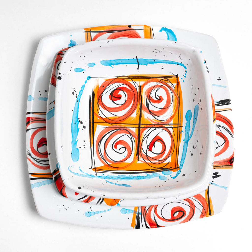 Tris Piatti Geometrie Arancioni e Azzurre Istintismo