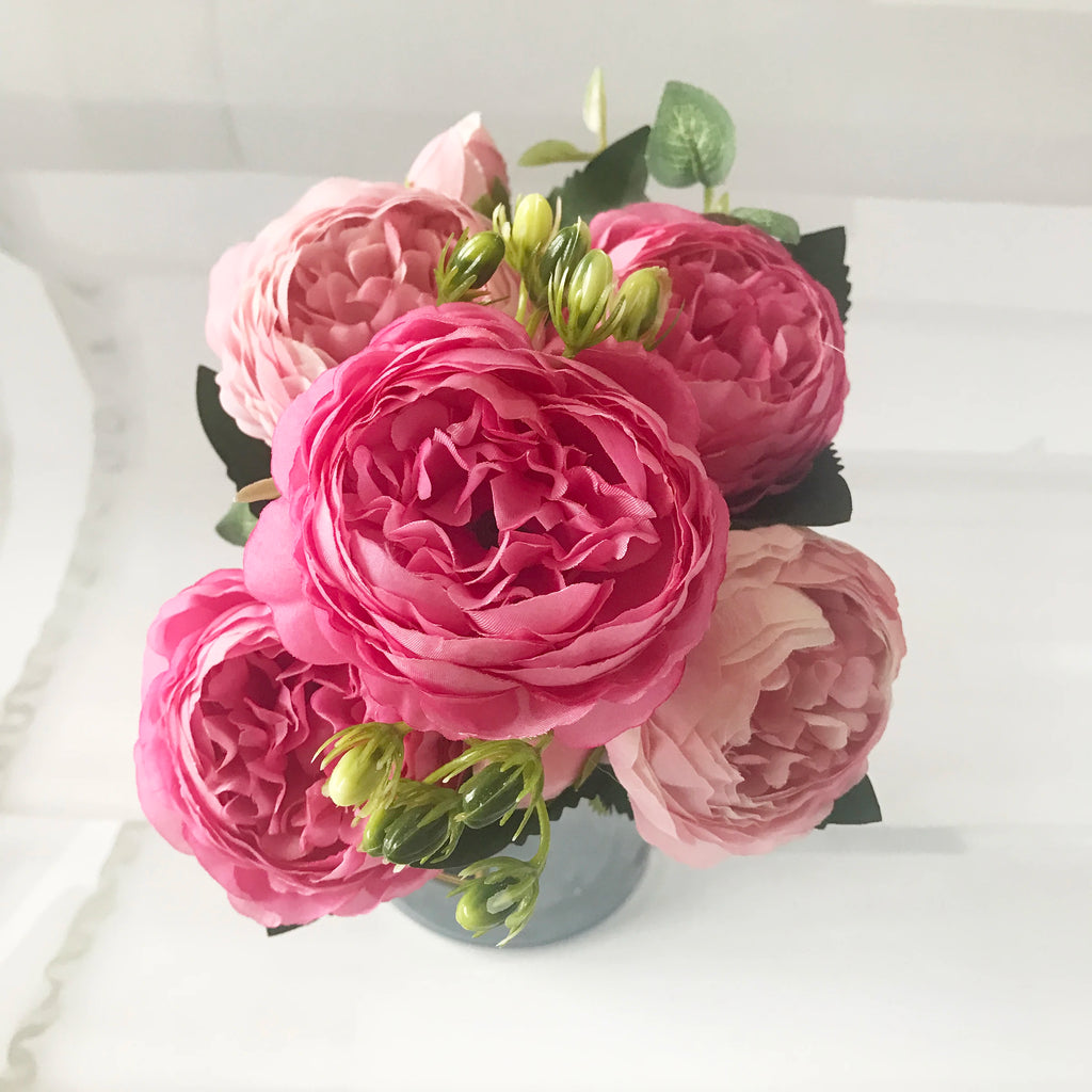 Bouquet di fiori artificiali di peonia di seta, 5 teste grandi, 30 cm, rosa