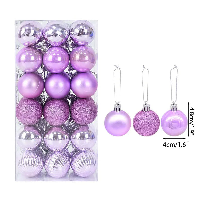 Palline di Natale decorative in plastica color rosa, oro e colori assortiti, confezionate in scatola.