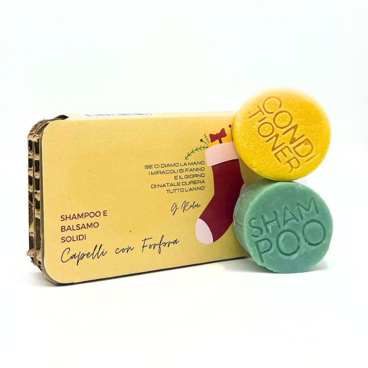 CONFEZIONE NATALIZIA SHAMPOO SOLIDO CAPELLI CON FORFORA INCENSO + BALSAMO SOLIDO CAPELLI GRASSI O CON FORFORA YOGURT E CREMA DI RISO