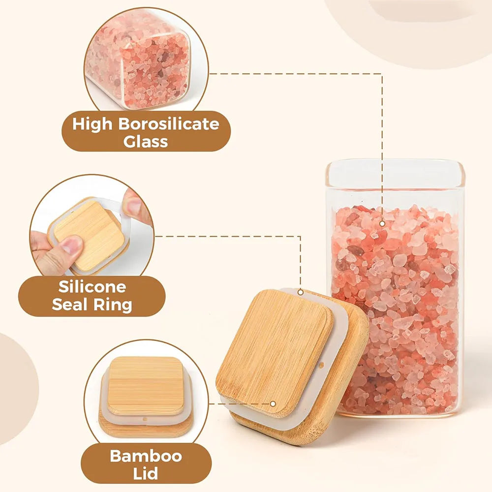 Frascos de vidrio para especias con tapa de bambú, recipientes cuadrados herméticos de 8 oz.