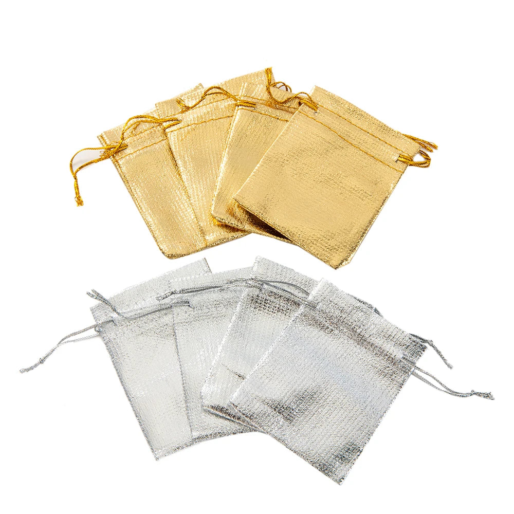 Sacchetti regalo con coulisse color oro e colorati per eventi.