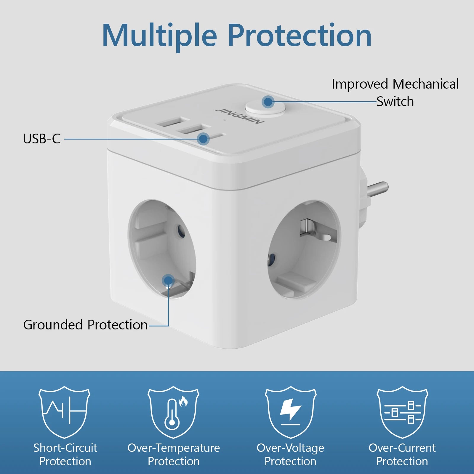 Wandsteckdosen-Extender mit Schalter, 3 Steckdosen, 2 USB-A- und 1 Typ-C-Anschluss, tragbarer Würfel