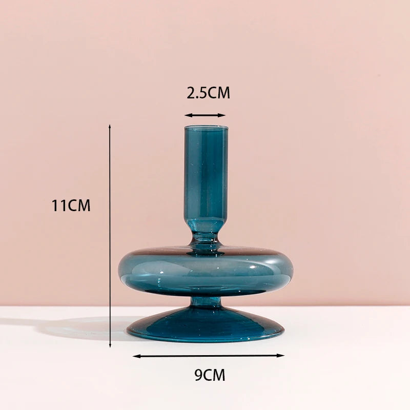 Marineblauer Kerzenhalter aus Glas mit Streifen und Blumenmuster