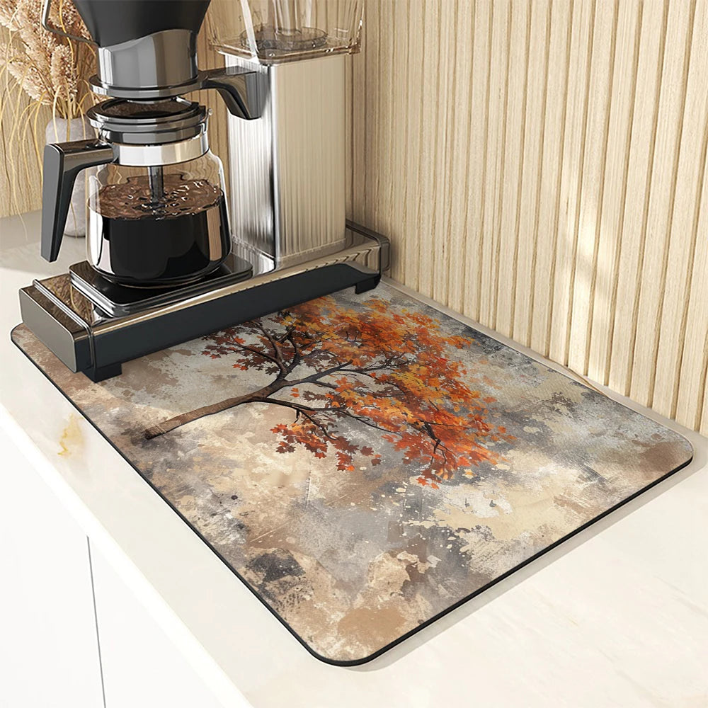 Large Kitchen Absorbent Mat Autumn Leaves Dish Drying Mat