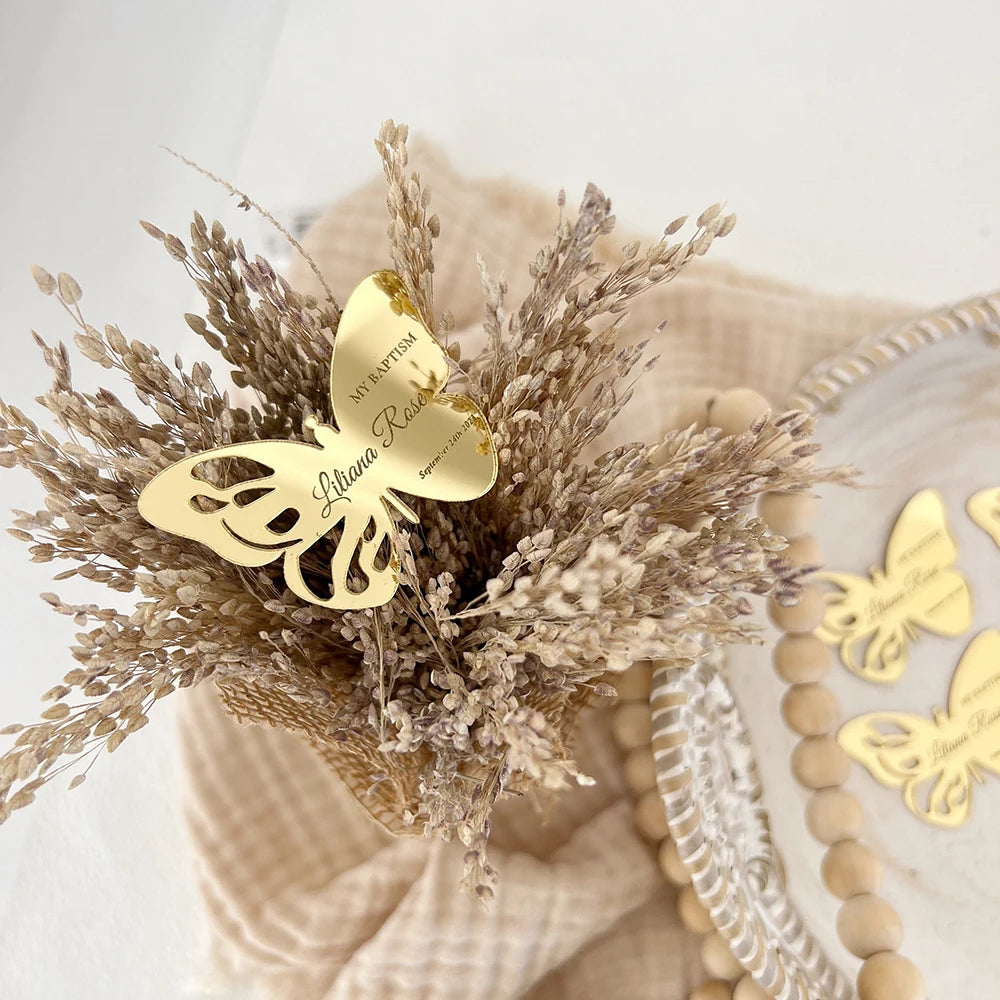 Etiquetas de espejo acrílico, etiqueta personalizada con forma de mariposa.