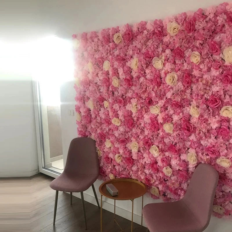 Decoración de fondo de pared con flores artificiales de rosas de seda rosa