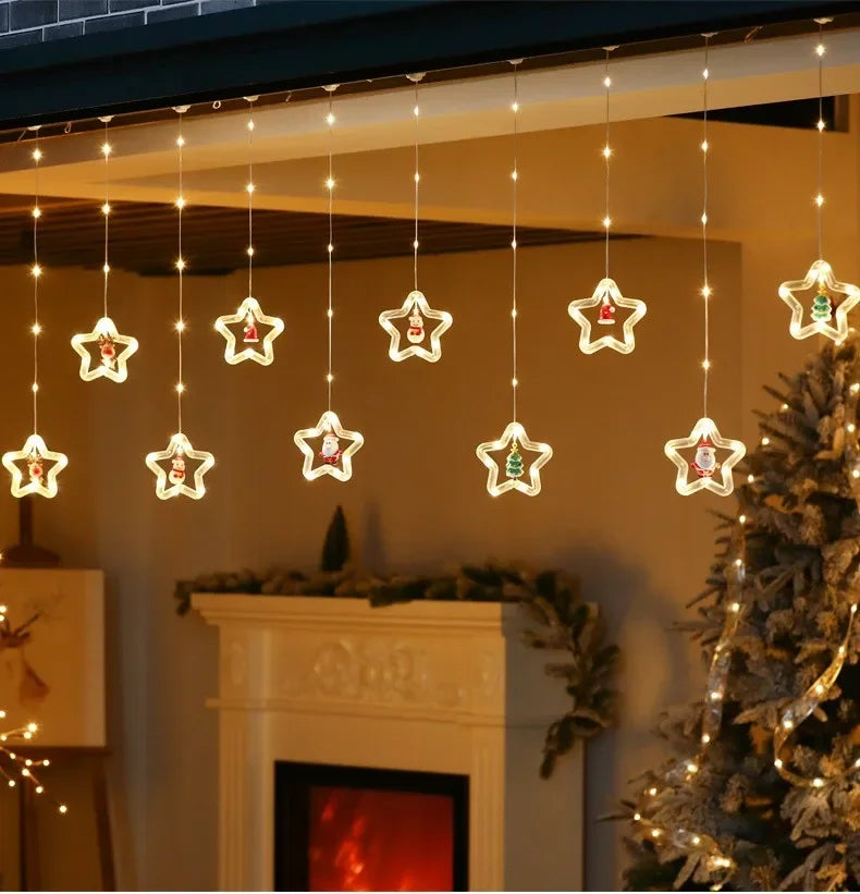 Christmas Lights String Star Santa Claus Curtain.