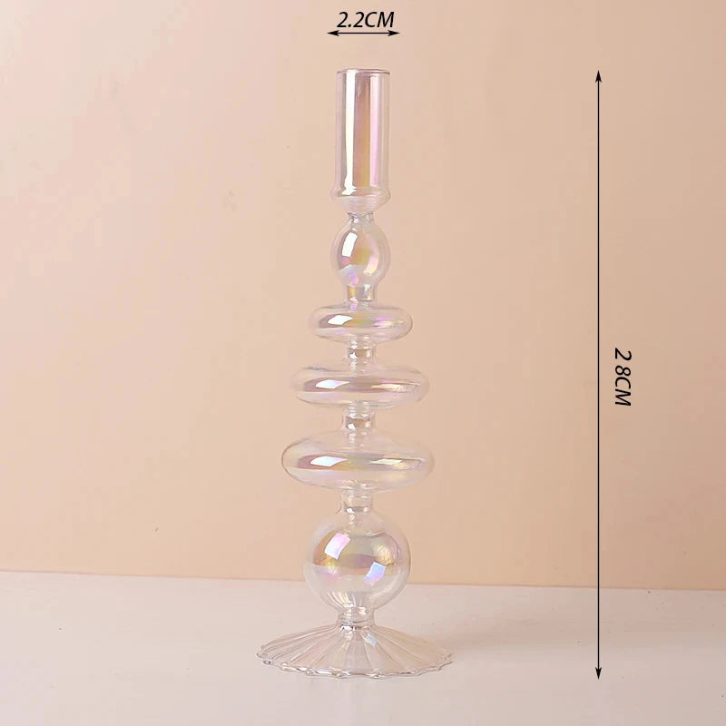 Marineblauer Kerzenhalter aus Glas mit Streifen und Blumenmuster