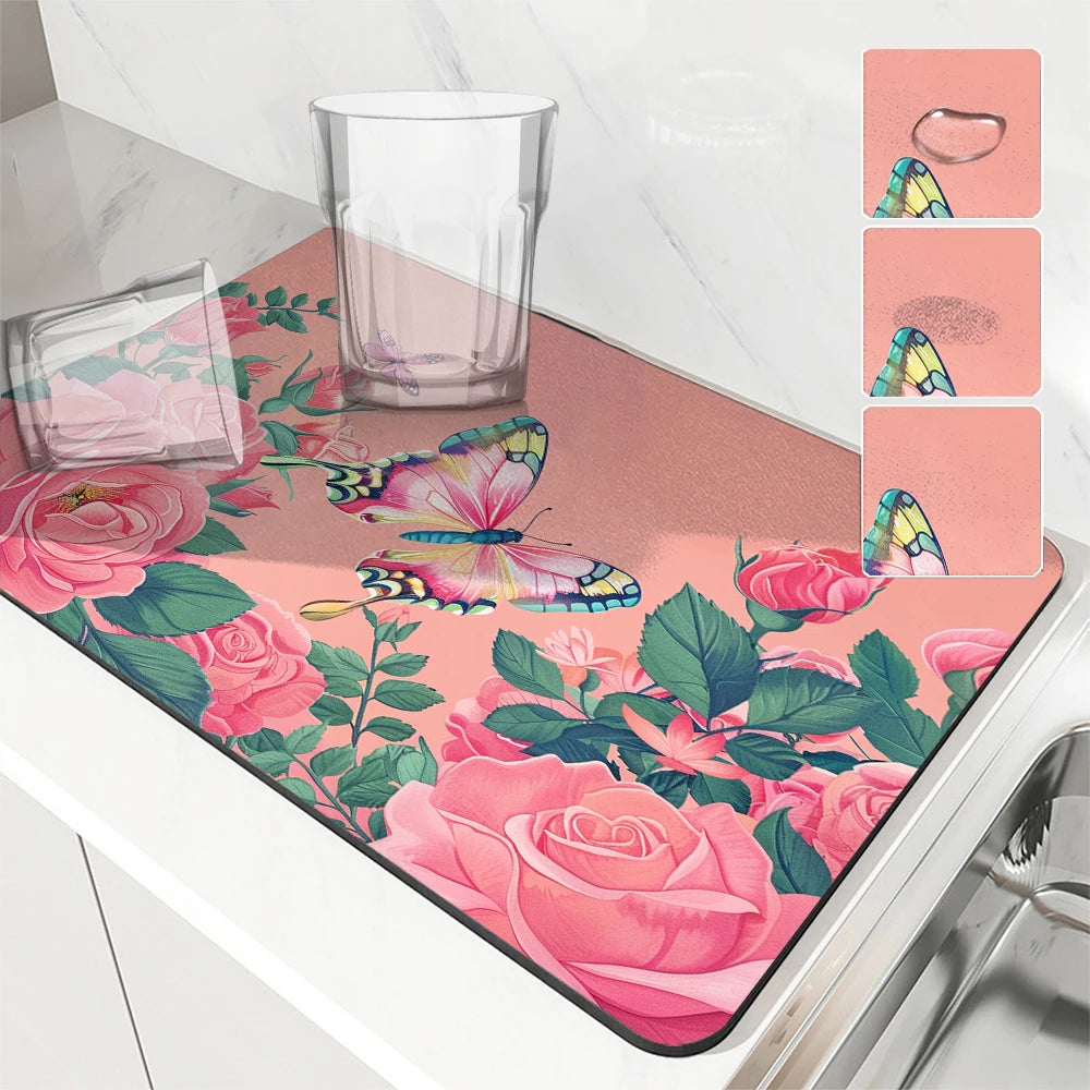 Large Kitchen Absorbent Mat Flowers Roses