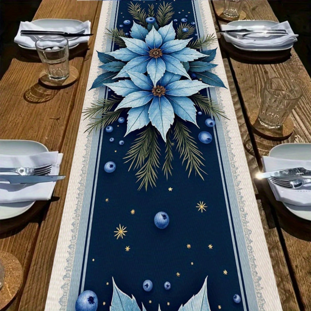 Camino de mesa navideño elegante, decoración navideña en color azul marino con flor de Pascua azul.
