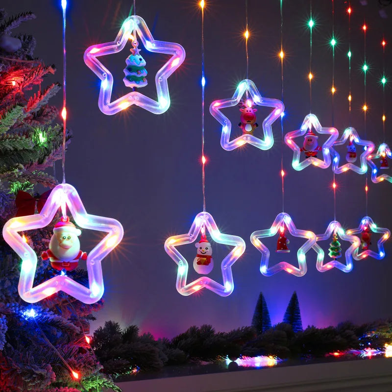 Christmas Lights String Star Santa Claus Curtain.