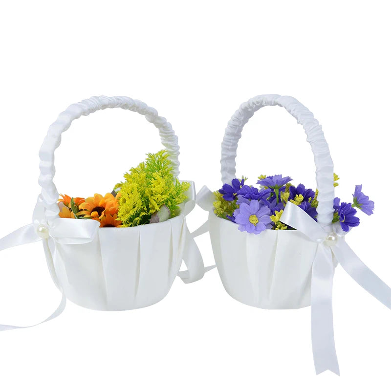Cesta de seda para niñas con flores blancas, cesta de boda de 20 cm para ceremonia de boda.