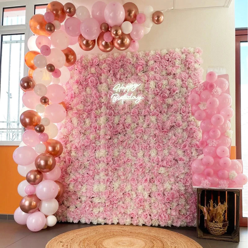 Decoración de fondo de pared con flores artificiales de rosas de seda rosa