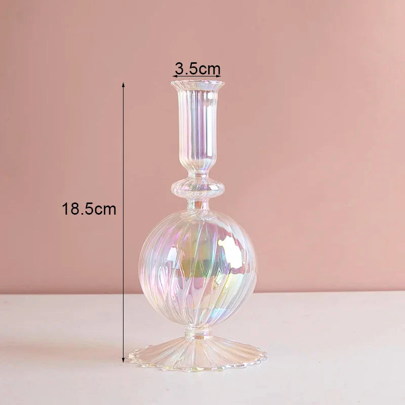 Marineblauer Kerzenhalter aus Glas mit Streifen und Blumenmuster