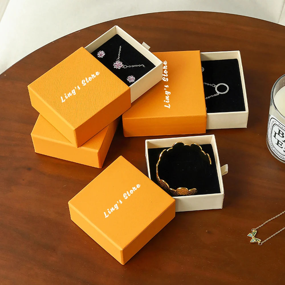 Scatola regalo con cassetto portagioie arancione e beige con logo personalizzato, 24/50/100 pezzi