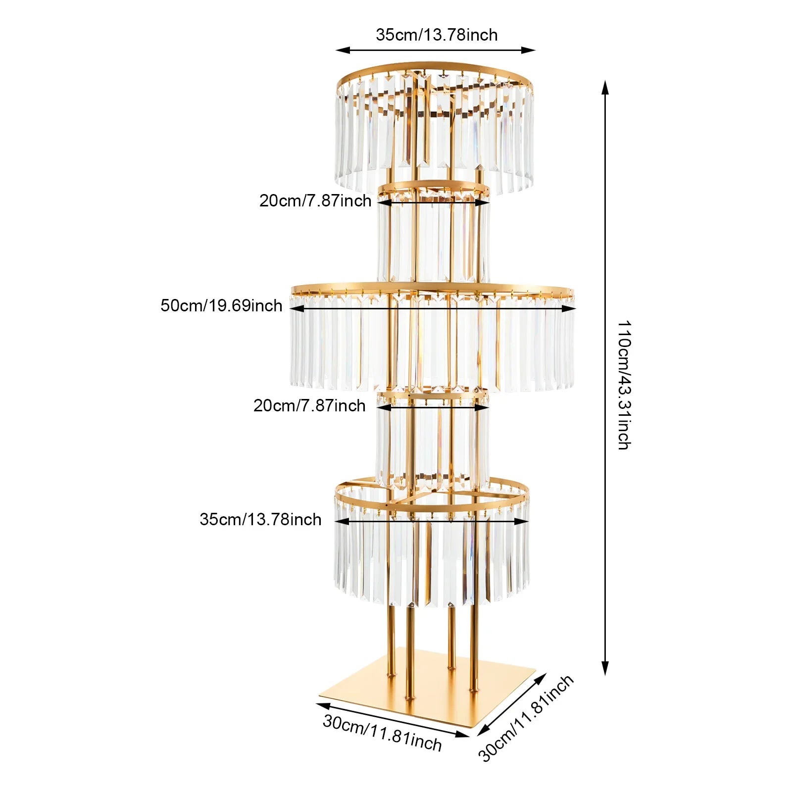 Runder 43,3 Zoll großer 5-stöckiger Tafelaufsatz aus Metall mit Sockel aus Goldkristall.