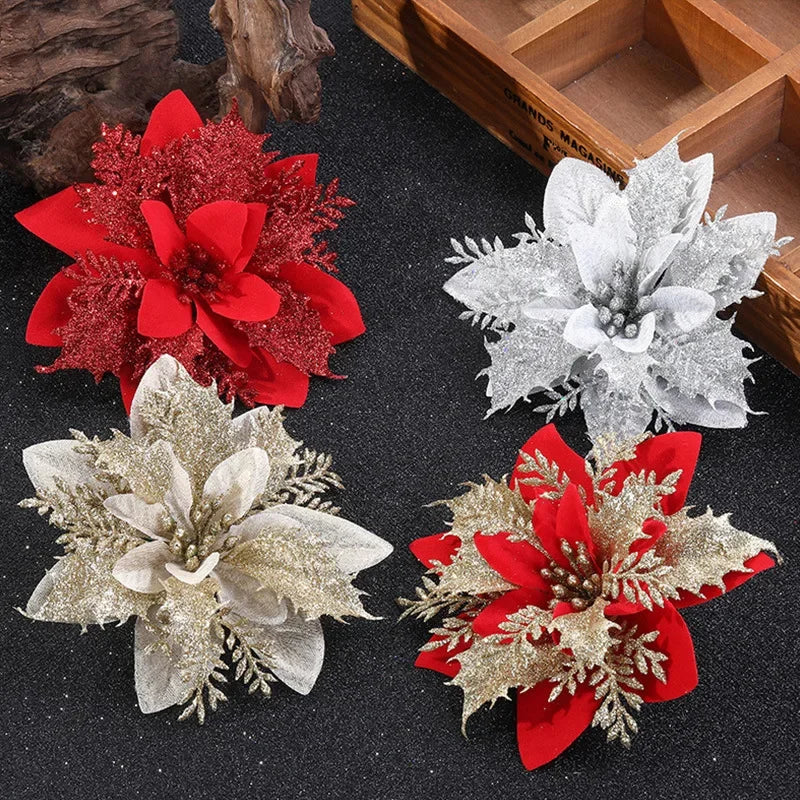 Glitzernde künstliche Weihnachtsblumen, 10 Stück/14 cm Dekorationen