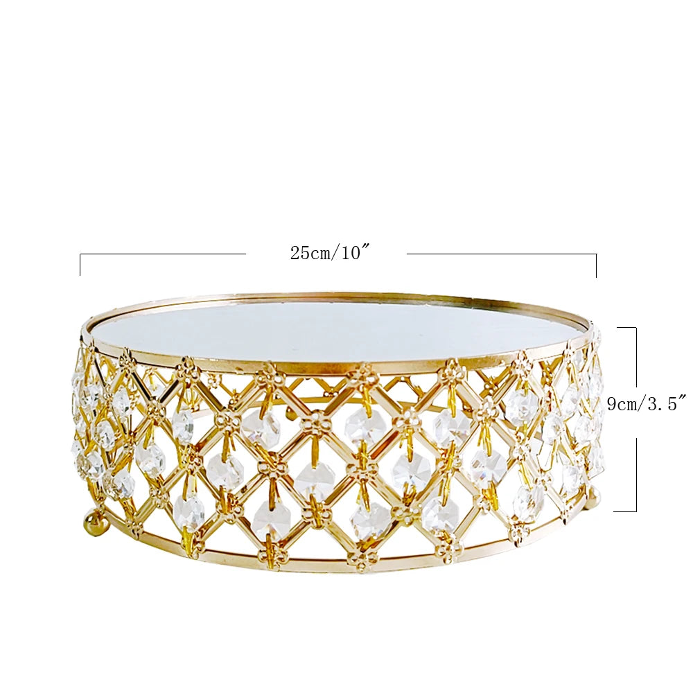 Plato redondo de metal con espejo de cristal dorado para tartas