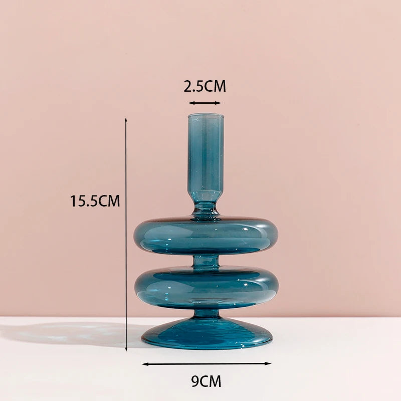 Marineblauer Kerzenhalter aus Glas mit Streifen und Blumenmuster