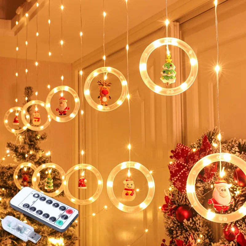 Christmas Lights String Star Santa Claus Curtain.