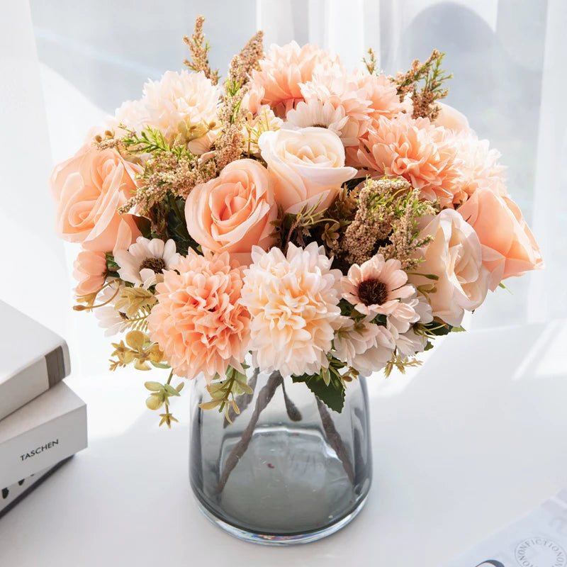 1/4PCS Artificial Flowers Cheap New Year Decorations Wedding Garden Peony Arch Christmas Home Fake Silk Rose Hydrangeas Vase Diy