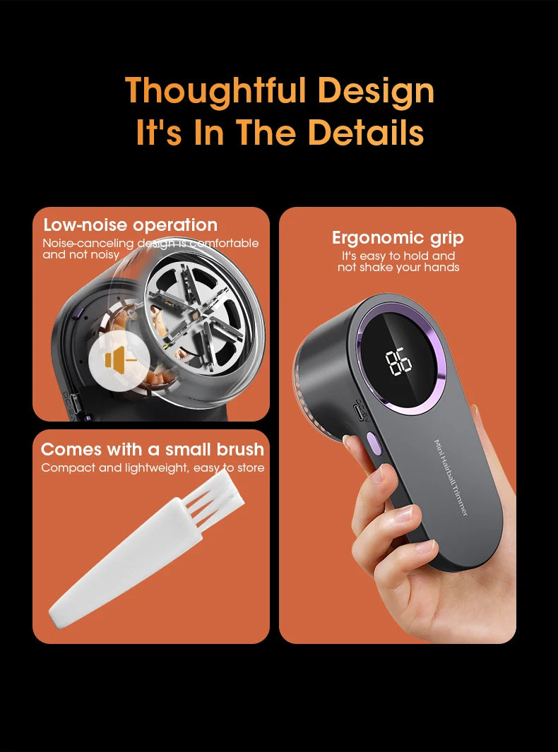 Rimuovi-pelucchi elettrico digitale a LED per indumenti, ricaricabile tramite USB.