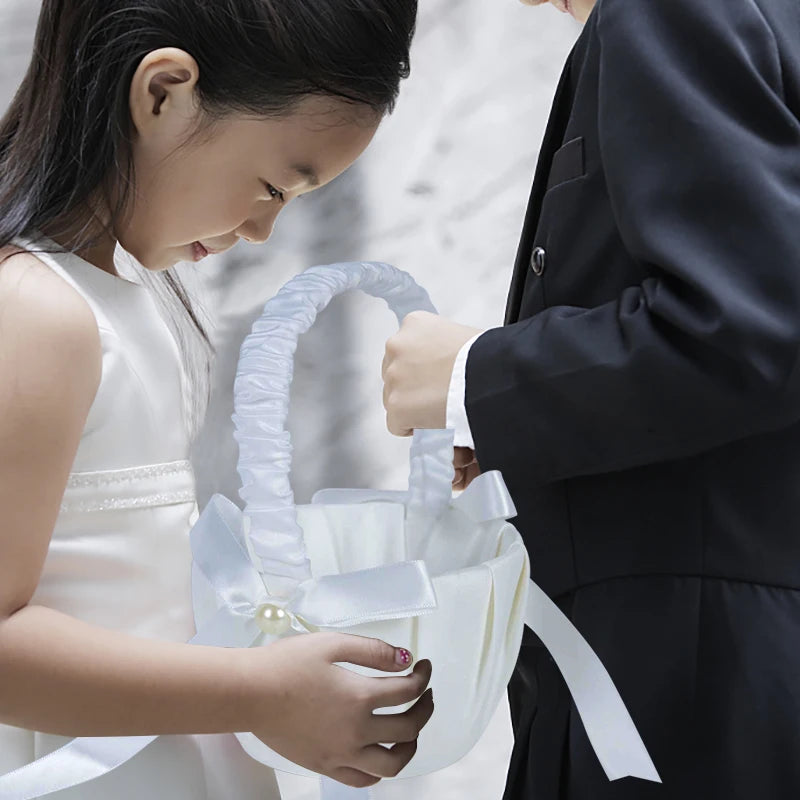 Cesta de seda para niñas con flores blancas, cesta de boda de 20 cm para ceremonia de boda.