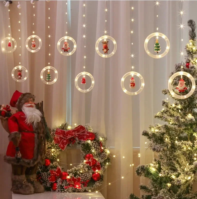 Christmas Lights String Star Santa Claus Curtain.