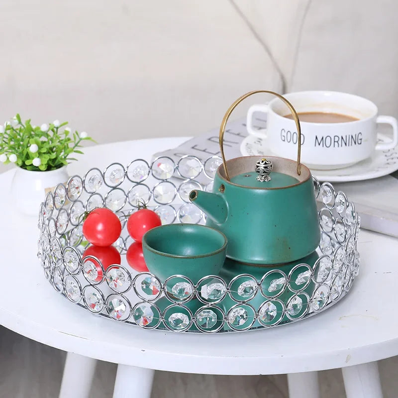 Crystal Mirror Tray Round Plate Luxury Serving Tray