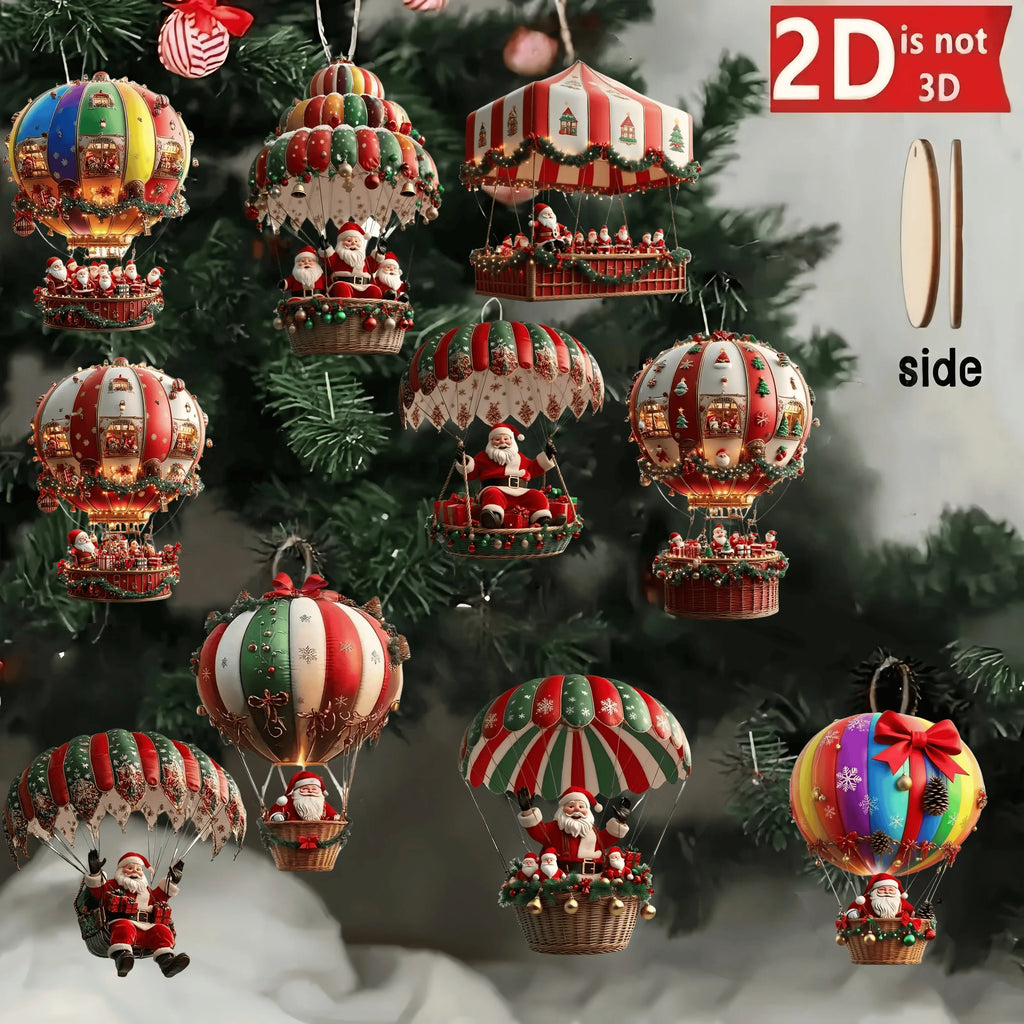 Wooden Hot Air Balloon Santa Claus 2D Flat Wooden Pendant.