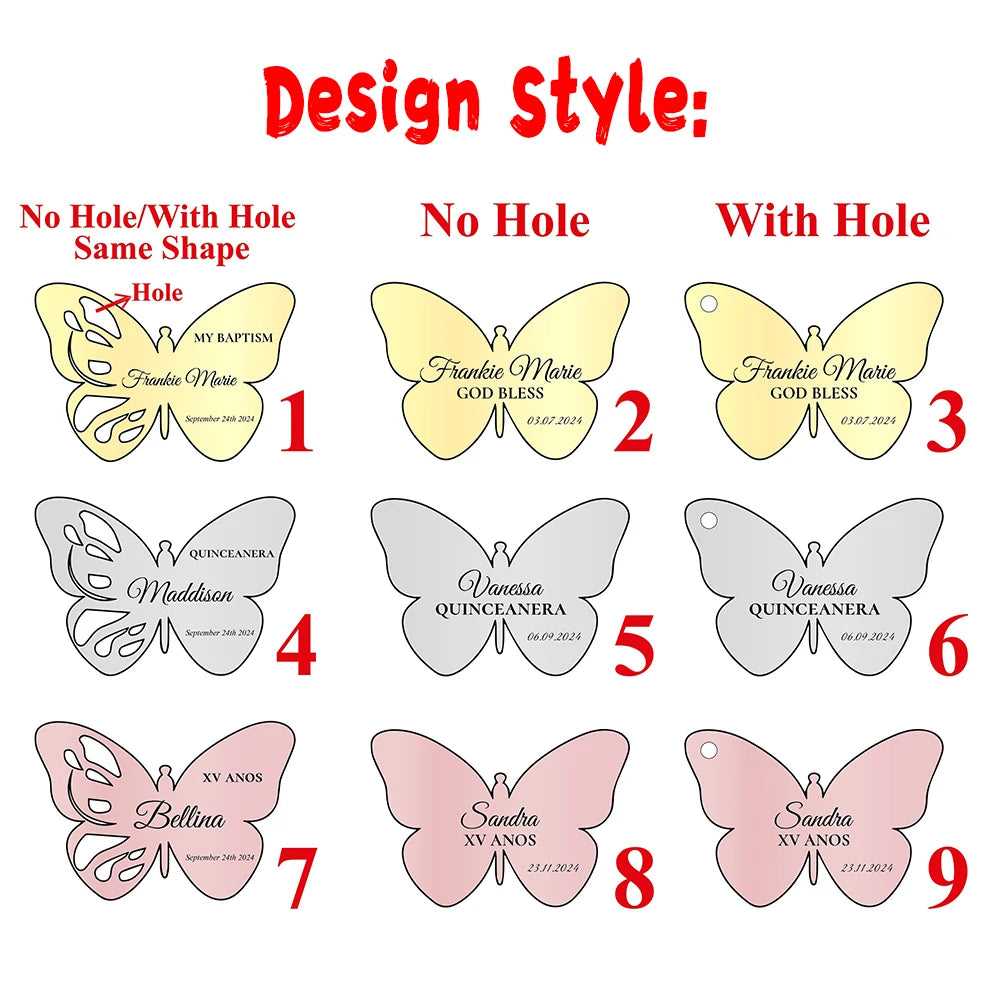 Etiquetas de espejo acrílico, etiqueta personalizada con forma de mariposa.