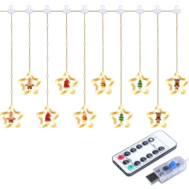 Christmas Lights String Star Santa Claus Curtain.