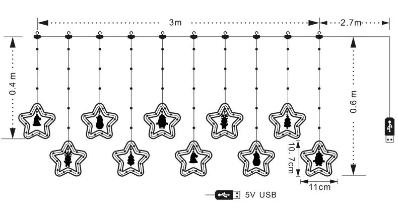 Christmas Lights String Star Santa Claus Curtain.