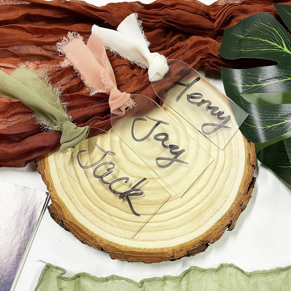 Segnaposto per matrimonio in acrilico, con etichetta in acrilico satinato, arco da 10/20/50 pezzi