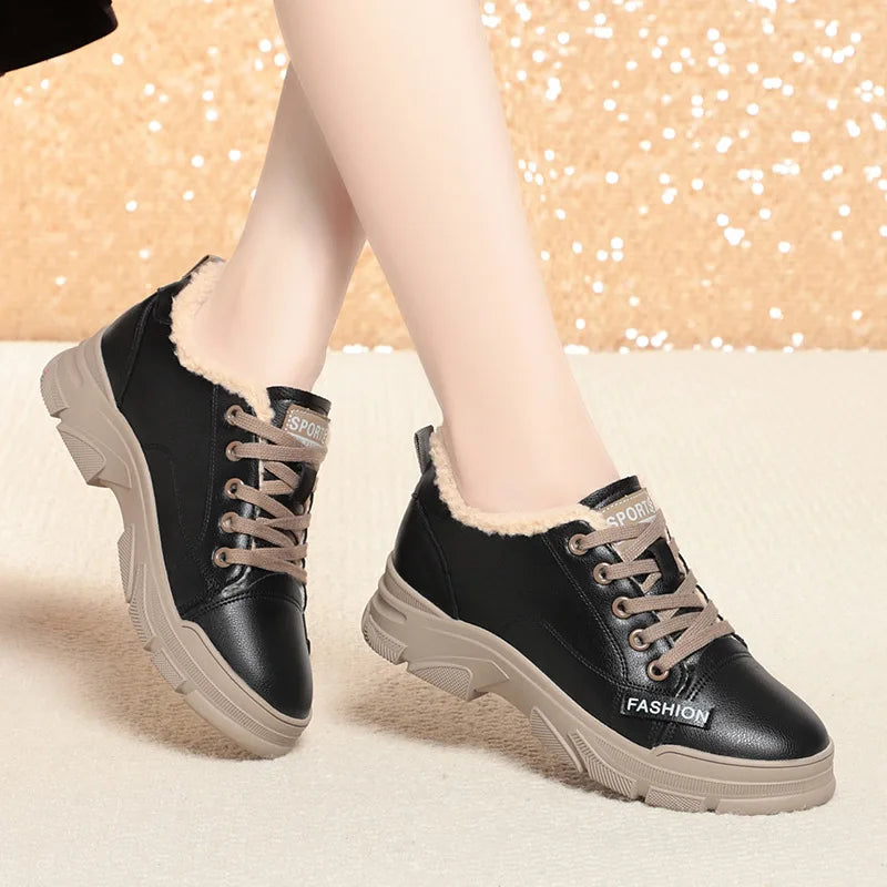Soft Leather Sneaker Trekking Footwear Thick-soled Lace-up