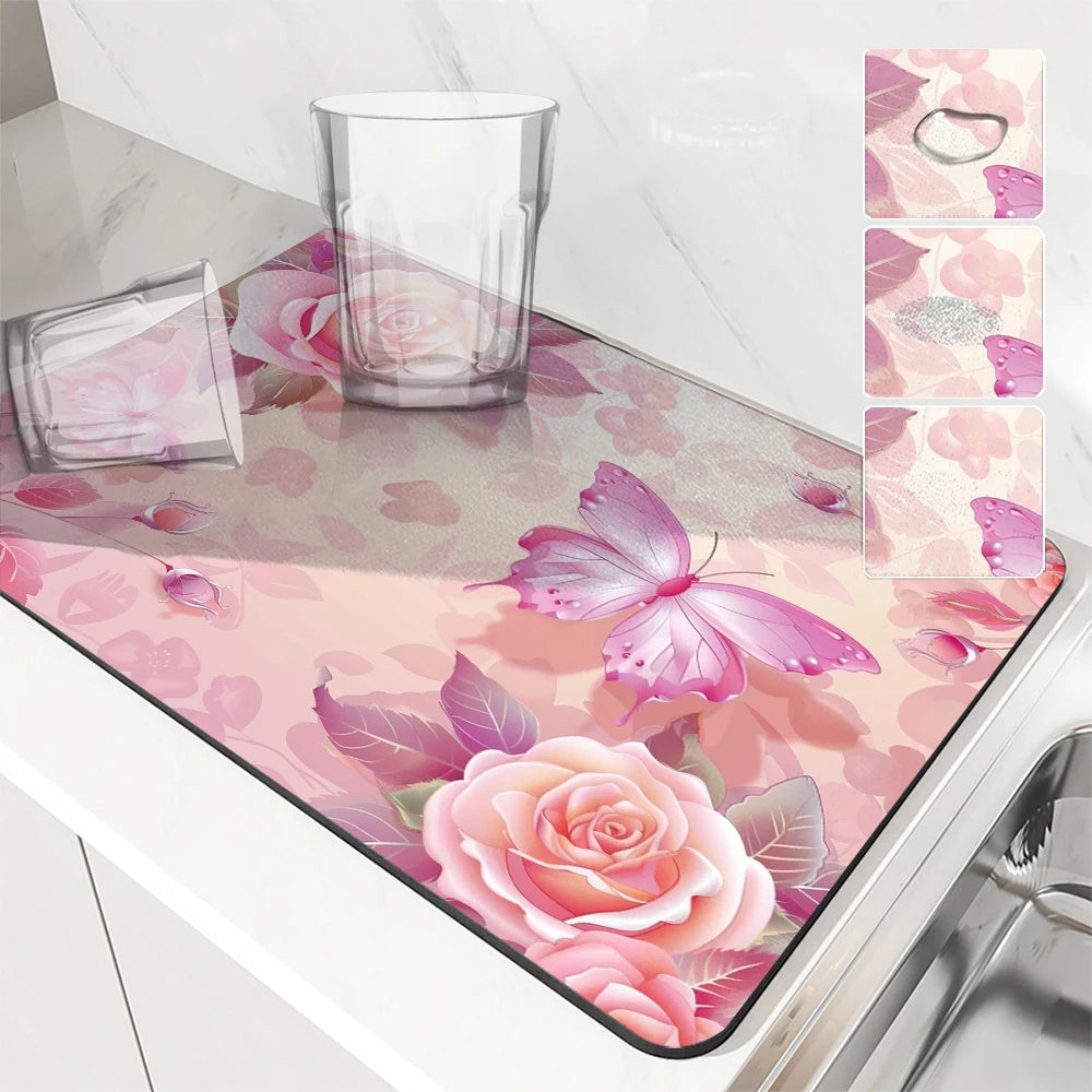Large Kitchen Absorbent Mat Flowers Roses