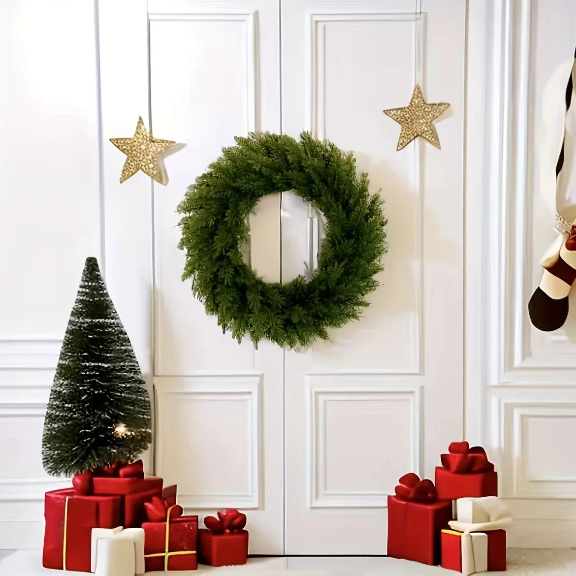 Corona navideña Coronas para puerta de entrada Corona verde Realista Artificial.