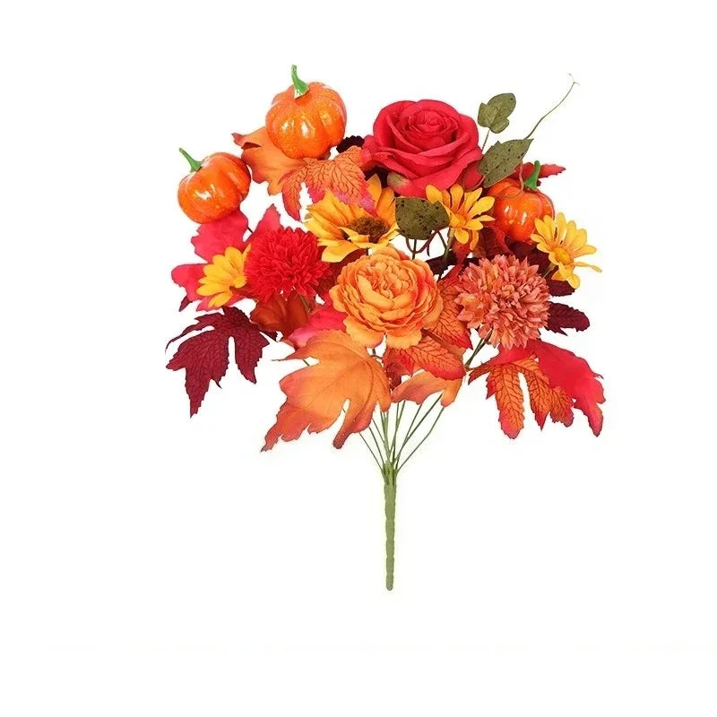 Weihnachtlicher Orangenstrauß mit künstlichen Sonnenblumen und Ahornblättern