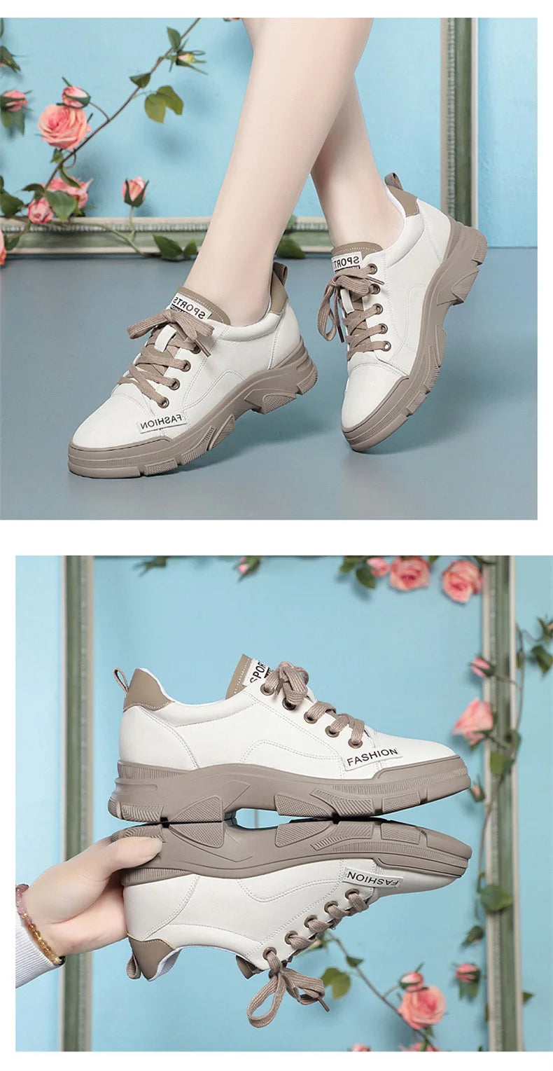 Soft Leather Sneaker Trekking Footwear Thick-soled Lace-up